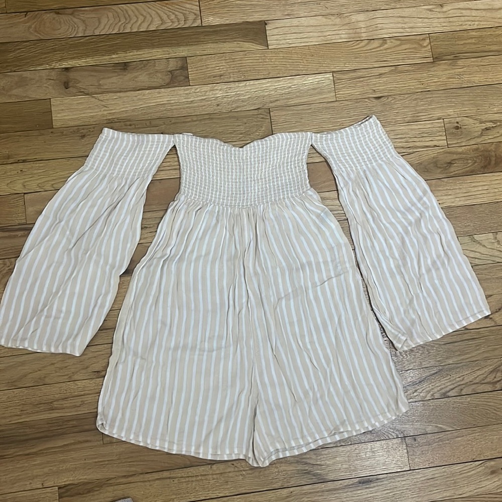 Bandeau style romper with white/cream stripes and bell sleeves